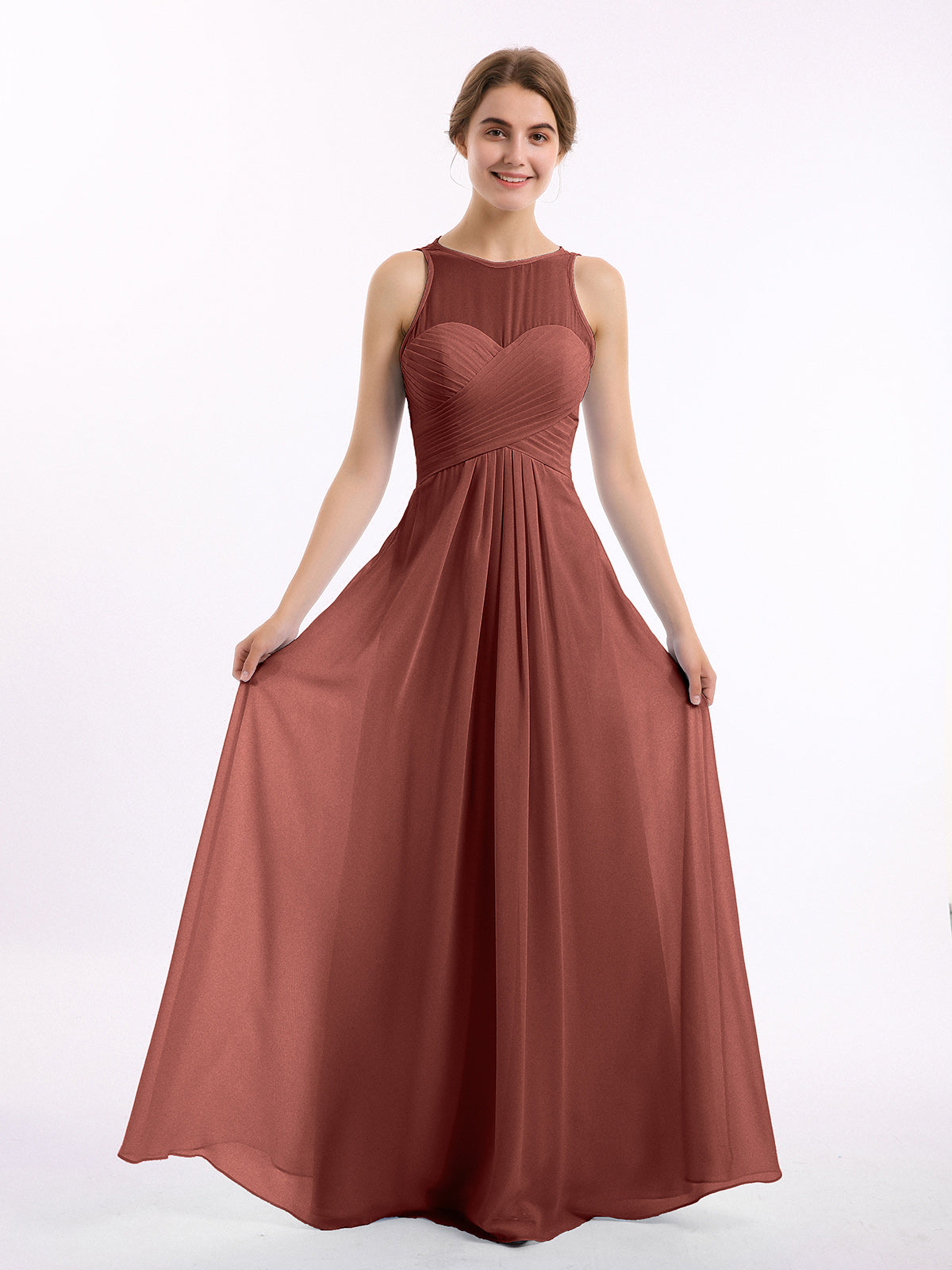 BABARONI Chiffon Terracotta Bridesmaid Dresses Scoop Floor-length Sleeveless Ruched Empire