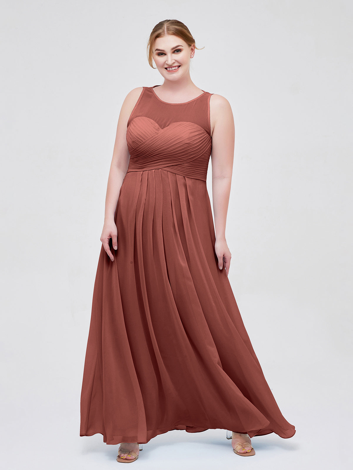 terracotta bridesmaid dresses plus size BABARONI Chiffon Scoop Floor-length Sleeveless Ruched Empire, Terracotta / US0 Black & Gold Polka 5-essential The model is 58 Size:US 6
