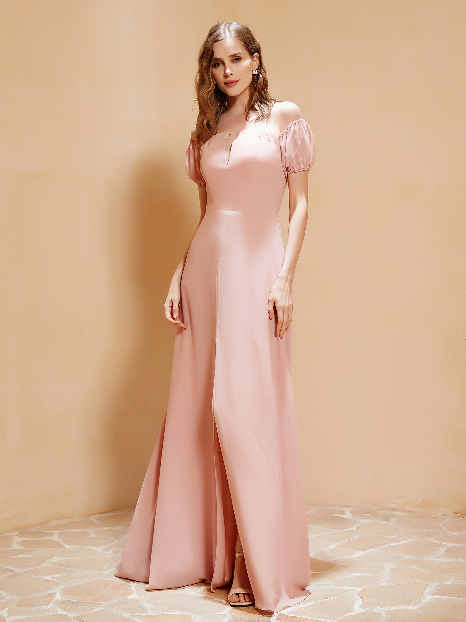 BABARONI Chiffon Dusty Rose Bridesmaid Dresses Off-the-shoulder Floor-length Half Sleeve Ruched with Bow A-line BABARONI Chiffon Dusty Rose Bridesmaid Dresses Off-the-shoulder Floor-length Half Sleeve Ruched with Bow A-line
