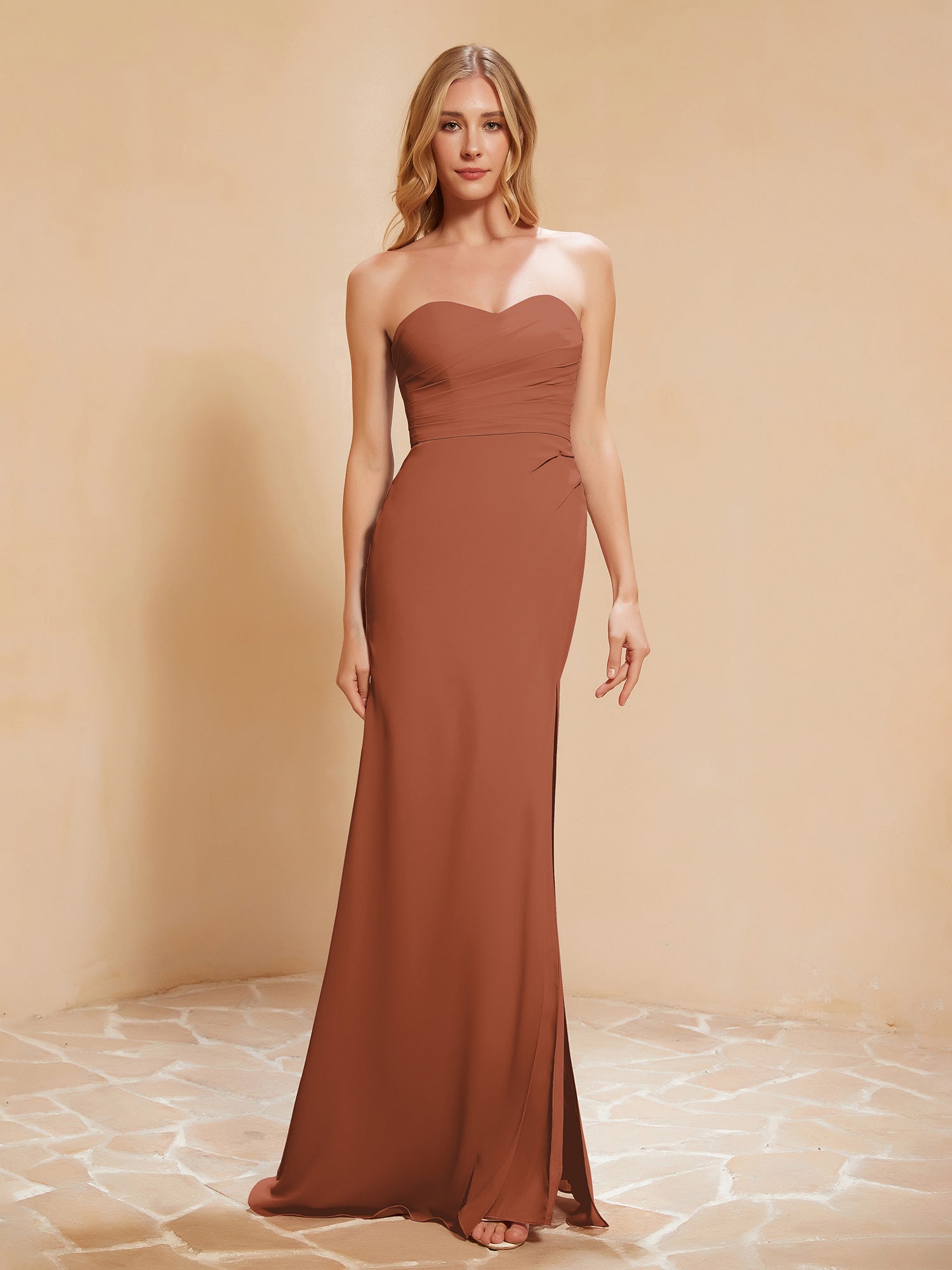 Chiffon Strapless Dresses with Sweetheart Rust