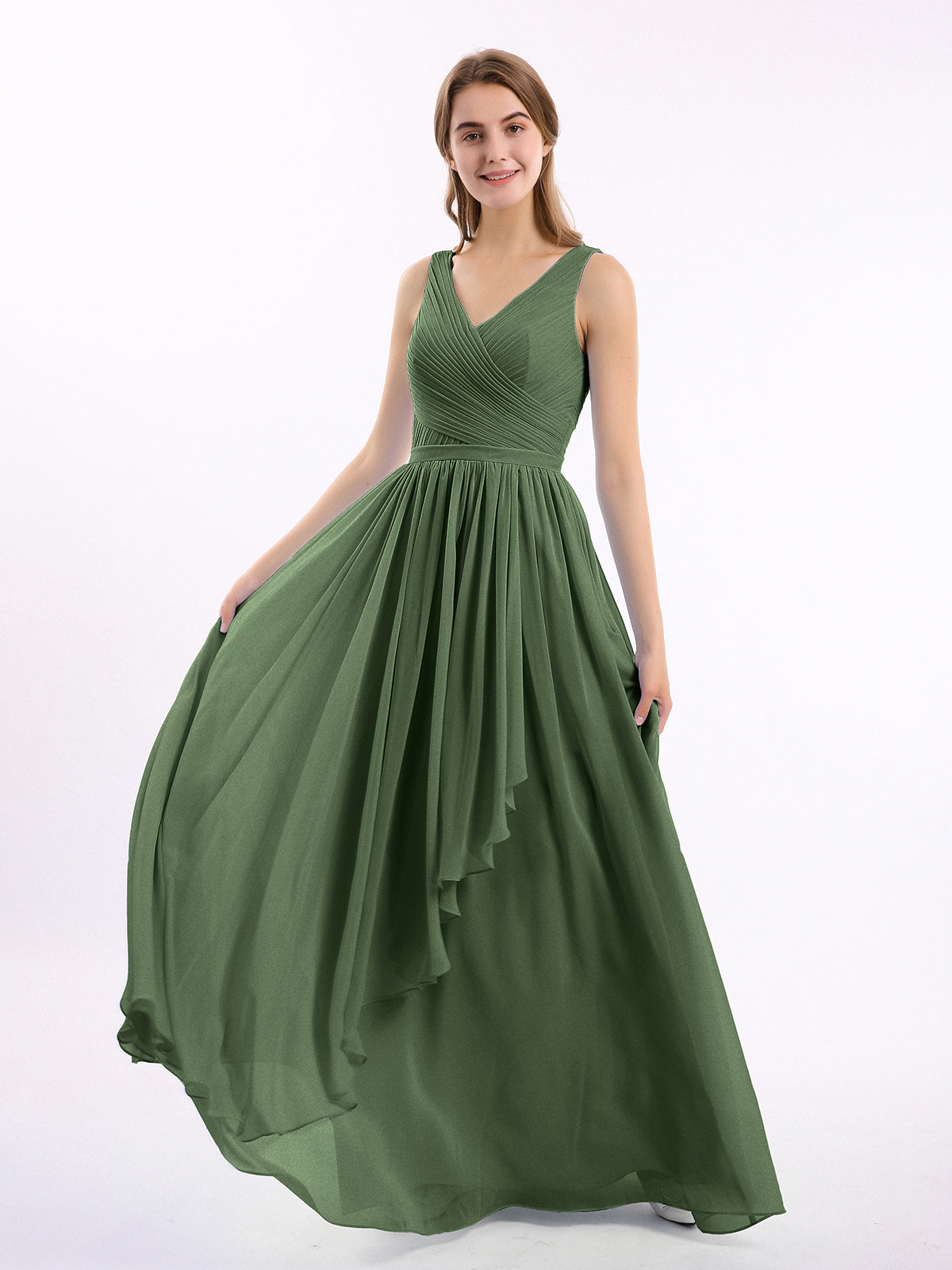 BABARONI Chiffon Olive Green Bridesmaid Dresses V-neck Floor-length Sleeveless Ruffle A-line, Olive Green / US0