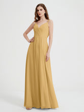 V-neck Chiffon Dresses with Beaded Straps-Gold