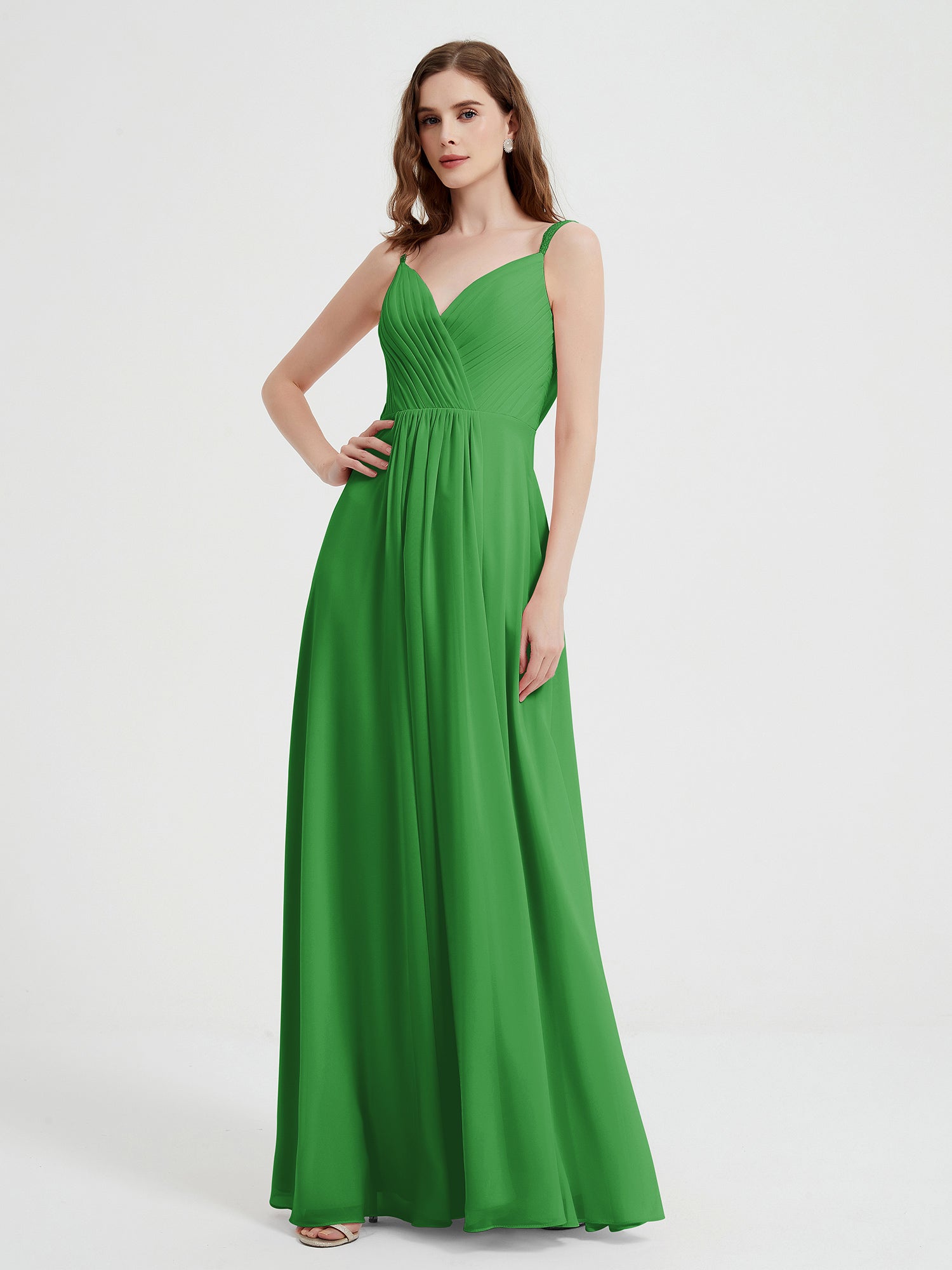 Deep-V Neck Chiffon Dresses with Slit Pockets Lime Green