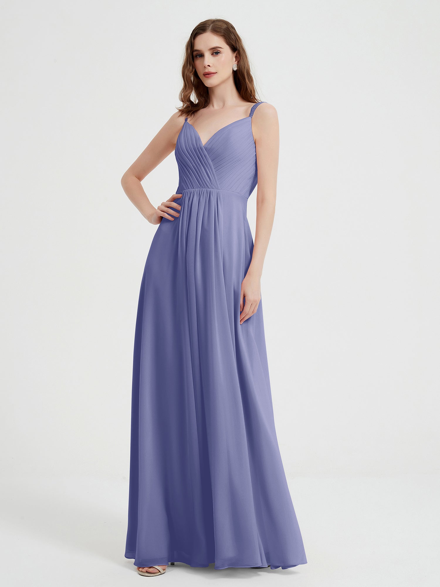 BABARONI Chiffon Periwinkle Bridesmaid Dresses V-neck Floor-length