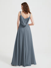 V-neck Chiffon Dresses with Beaded Straps-Slate Blue
