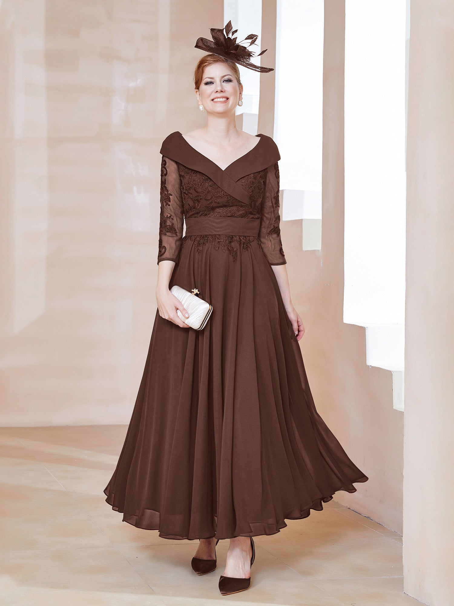 BABARONI Chiffon Mother of the Bride Dress with V-neck Lace Appliqued 3/4 Sleeves