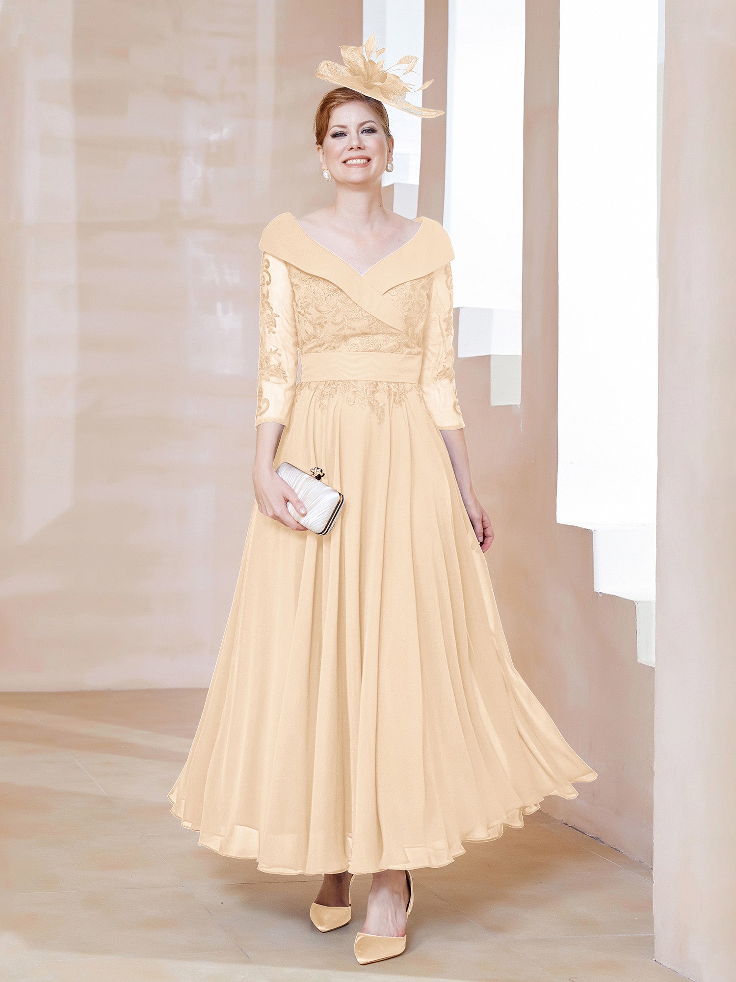 chiffon tea length dress BABARONI Chiffon Mother of the Bride Dress with V-neck Lace Appliqued 3/4 Sleeves