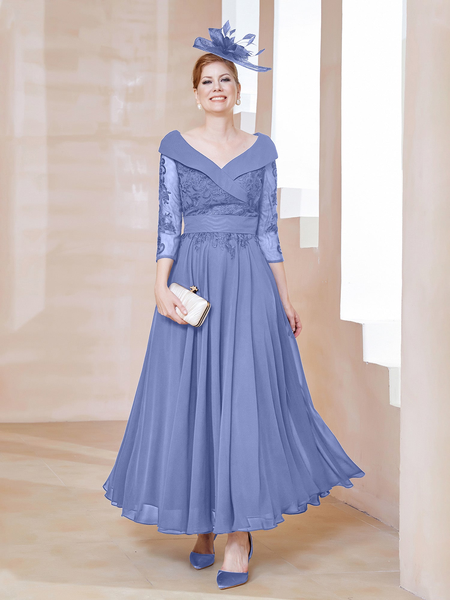 V-neck Sleeveless Knee-length Chiffon Gown Periwinkle