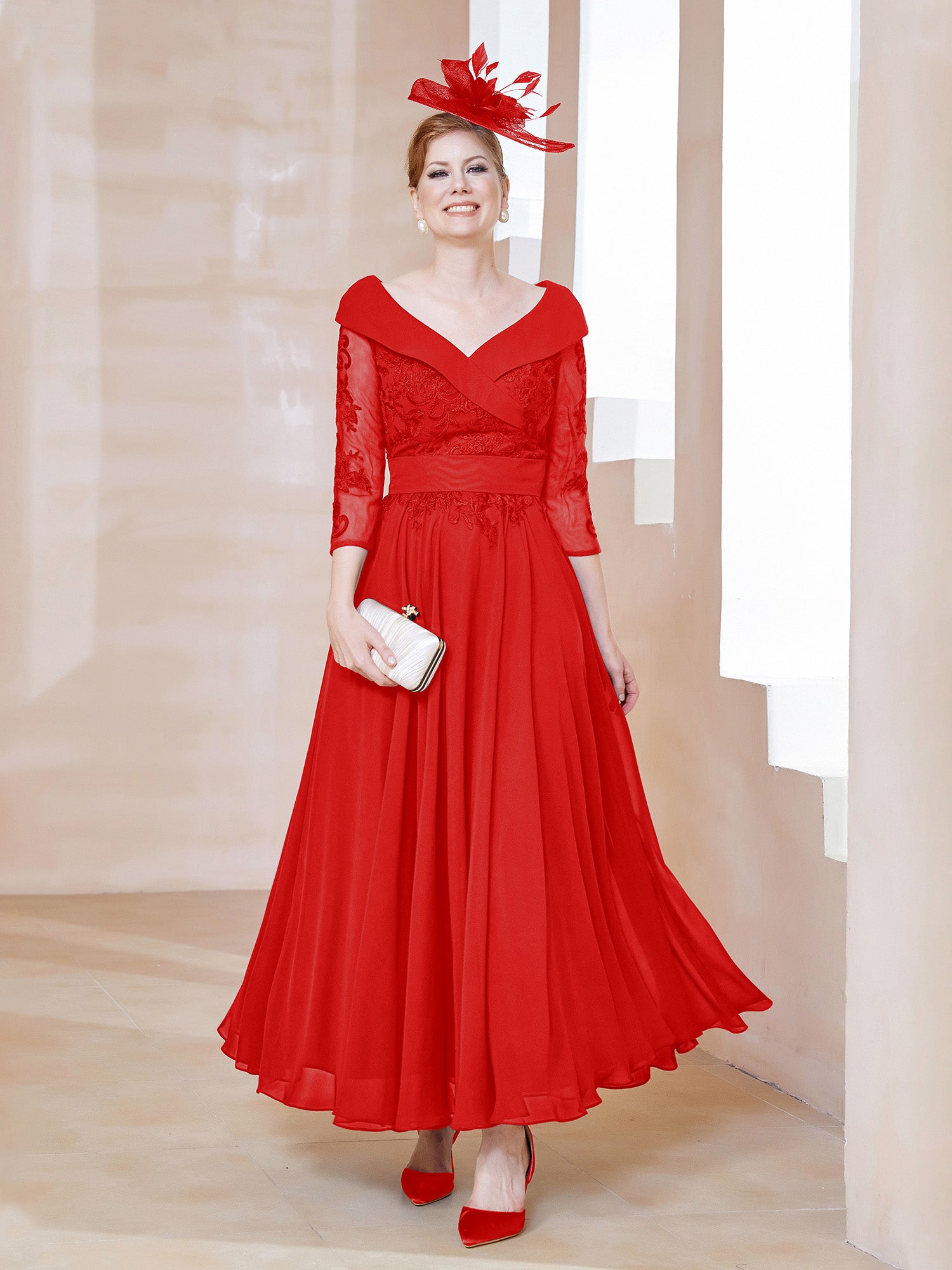 Tea-length V-Neck Chiffon A-Line Dress with Ruched Waist Red main image 1