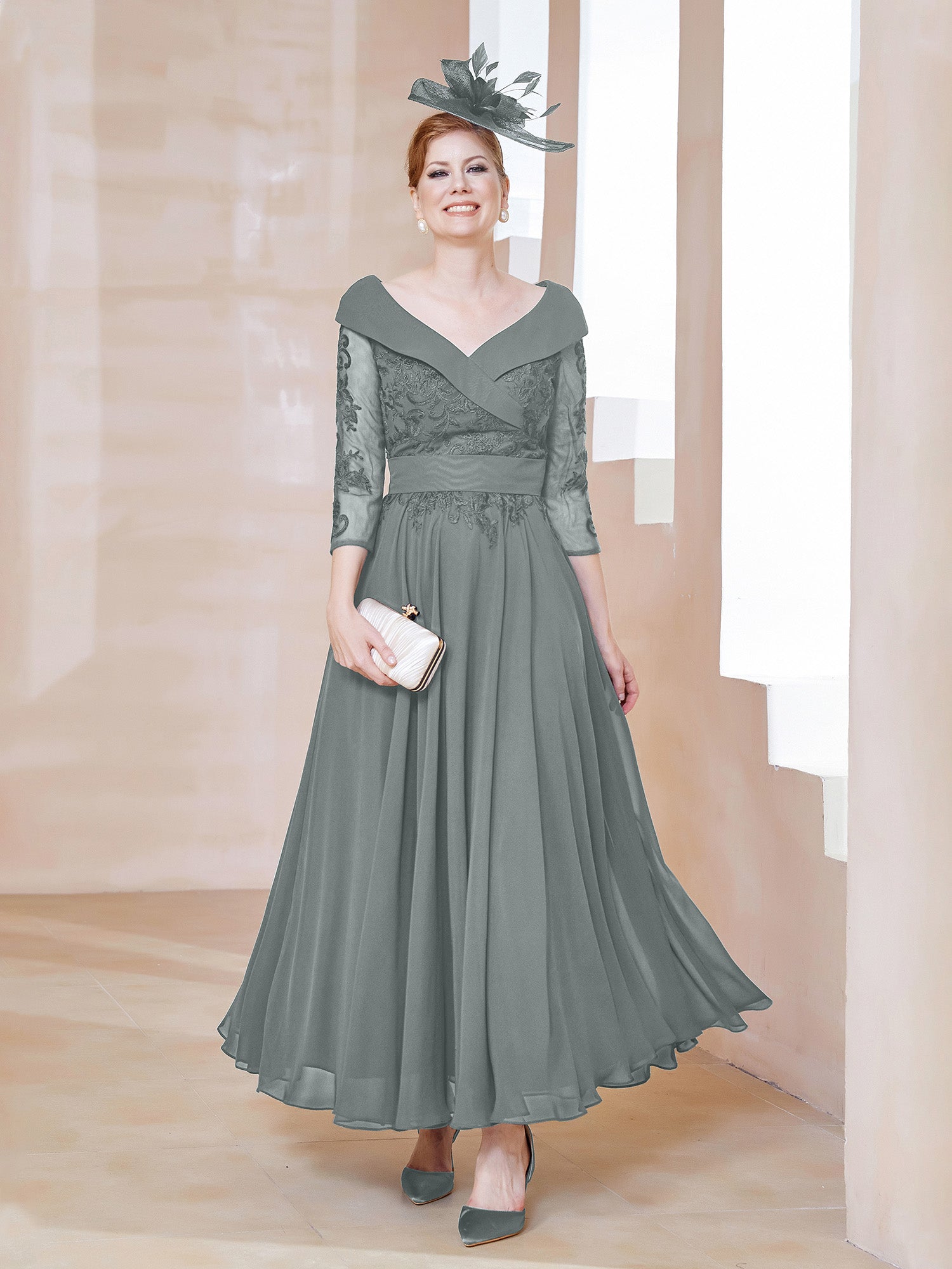 BABARONI Chiffon Mother of the Bride Dress with V-neck Lace Appliqued 3/4 Sleeves