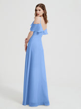 Spaghetti Straps V-neck Chiffon Long Dresses-Blue
