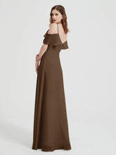 Spaghetti Straps V-neck Chiffon Long Dresses-Brown
