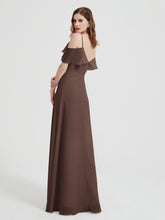 Spaghetti Straps V-neck Chiffon Long Dresses-Chocolate