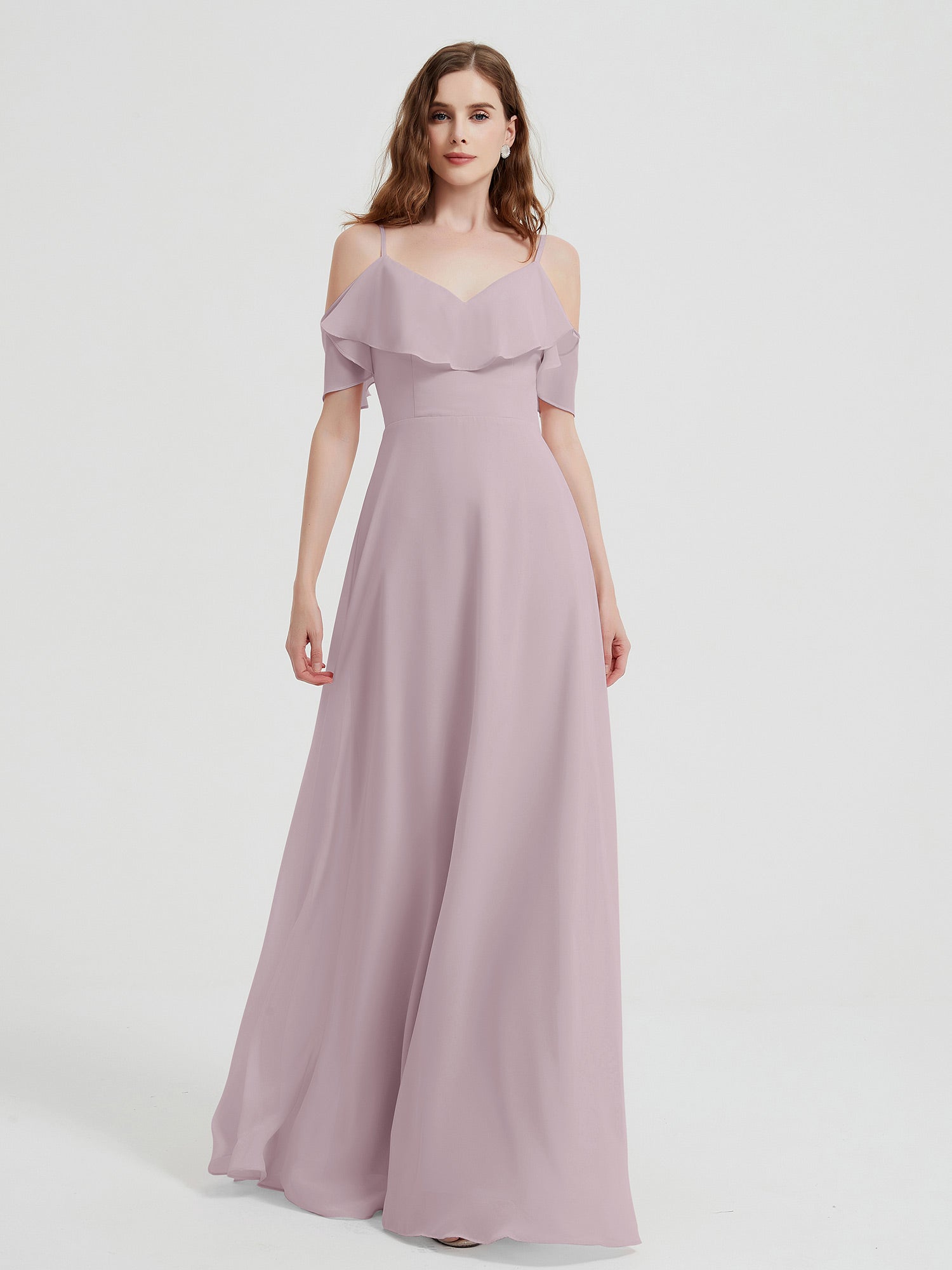 V neck Chiffon Long Dresses with Straps Flamingo