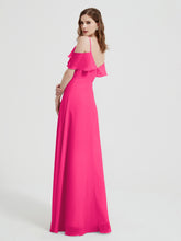 Spaghetti Straps V-neck Chiffon Long Dresses-Fuchsia