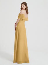 Spaghetti Straps V-neck Chiffon Long Dresses-Gold