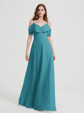 Spaghetti Straps V-neck Chiffon Long Dresses-Jade