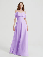 Spaghetti Straps V-neck Chiffon Long Dresses-Lilac