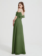 Spaghetti Straps V-neck Chiffon Long Dresses-Moss