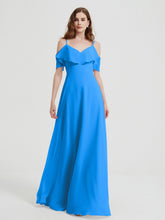Spaghetti Straps V-neck Chiffon Long Dresses-Ocean Blue