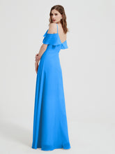 Spaghetti Straps V-neck Chiffon Long Dresses-Ocean Blue