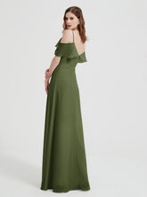 Spaghetti Straps V-neck Chiffon Long Dresses-Olive Green
