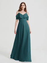 Spaghetti Straps V-neck Chiffon Long Dresses-Peacock