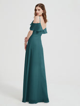 Spaghetti Straps V-neck Chiffon Long Dresses-Peacock