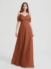Spaghetti Straps V-neck Chiffon Long Dresses-Rust