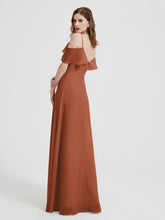 Spaghetti Straps V-neck Chiffon Long Dresses-Rust