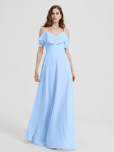 Spaghetti Straps V-neck Chiffon Long Dresses-Sky Blue