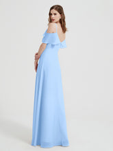 Spaghetti Straps V-neck Chiffon Long Dresses-Sky Blue