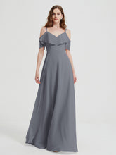 Spaghetti Straps V-neck Chiffon Long Dresses-Steel Grey