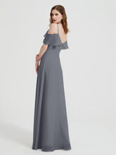Spaghetti Straps V-neck Chiffon Long Dresses-Steel Grey