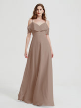 Spaghetti Straps V-neck Chiffon Long Dresses-Taupe