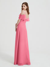 Spaghetti Straps V-neck Chiffon Long Dresses-Watermelon