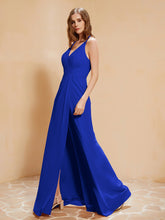 V-neck Floor-length Dress With Silt Royal Blue