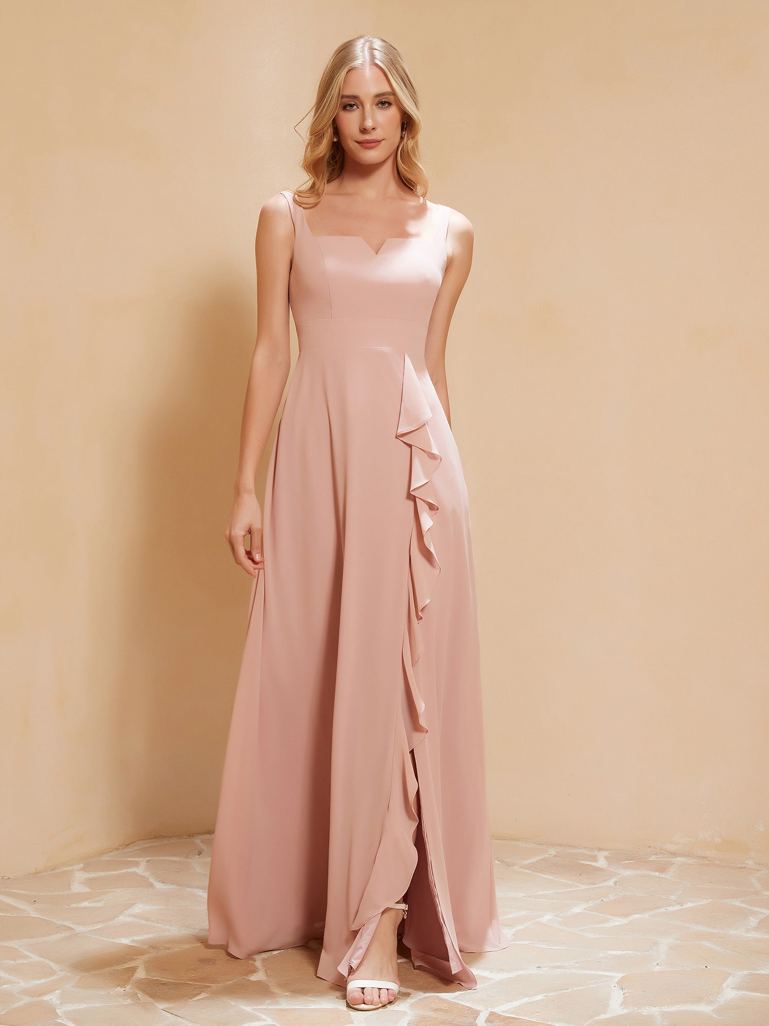 BABARONI Chiffon Dusty Rose Bridesmaid Dresses Square Floor-length Sleeveless Ruffle Ruched with Slit A-line BABARONI Chiffon Dusty Rose Bridesmaid Dresses Square Floor-length Sleeveless Ruffle Ruched with Slit A-line