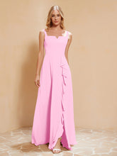 Square Neckline Ruffle Backless Chiffon A-line Dress Candy Pink