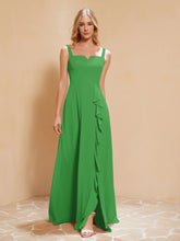 Square Neckline Ruffle Backless Chiffon A-line Dress Green