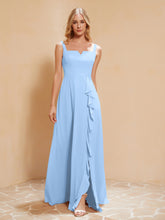 Square Neckline Ruffle Backless Chiffon A-line Dress Sky Blue