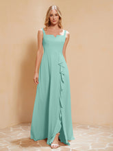 Square Neckline Ruffle Backless Chiffon A-line Dress Turquoise