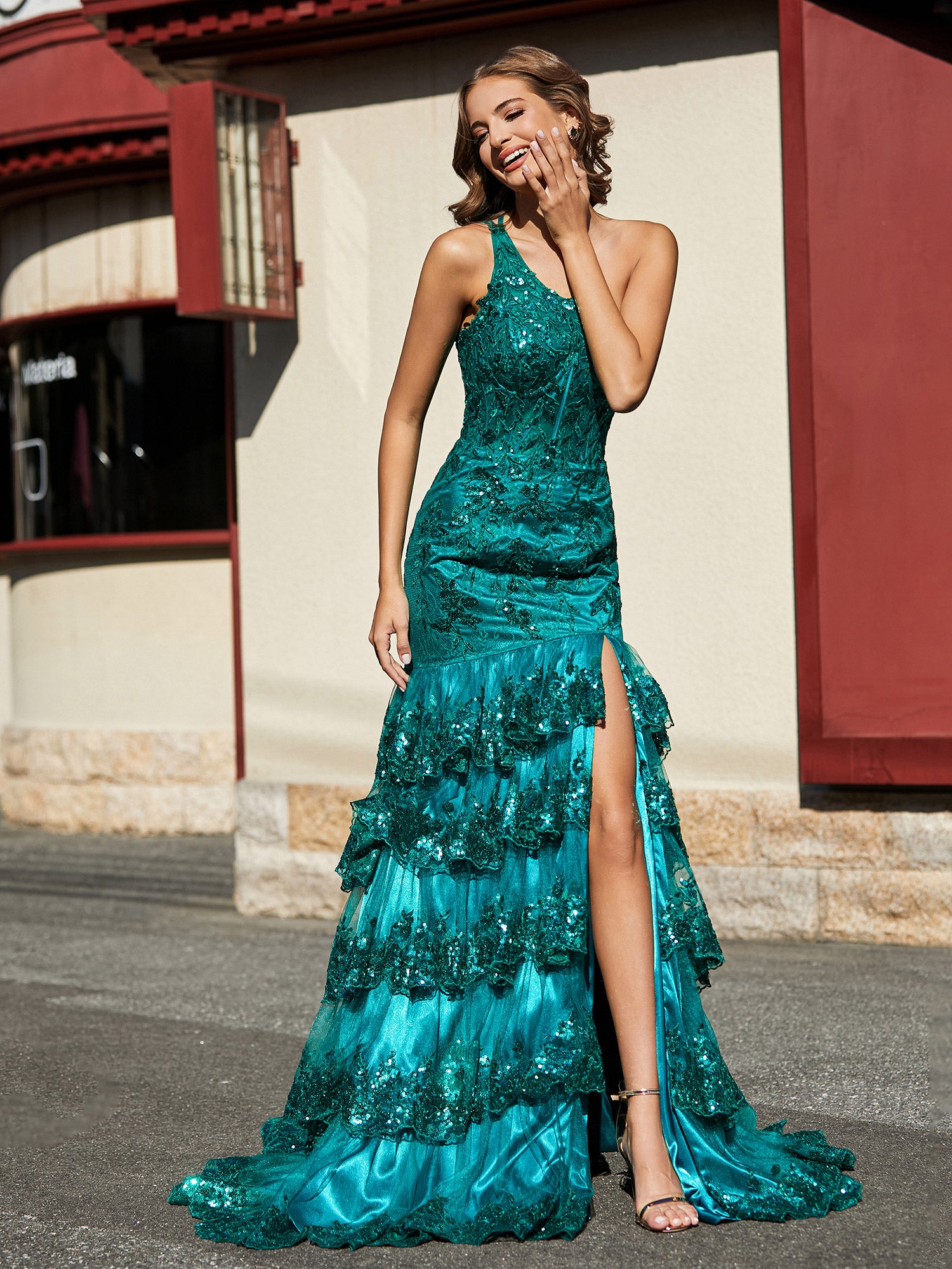 slim fit dress slacks BABARONI BABARONI Lace Tulle Dark Green Prom Dresses Trumpet/Mermaid One Shoulder Appliqued Ruffle Sequins Ruched with Slit, Dark Green / US0