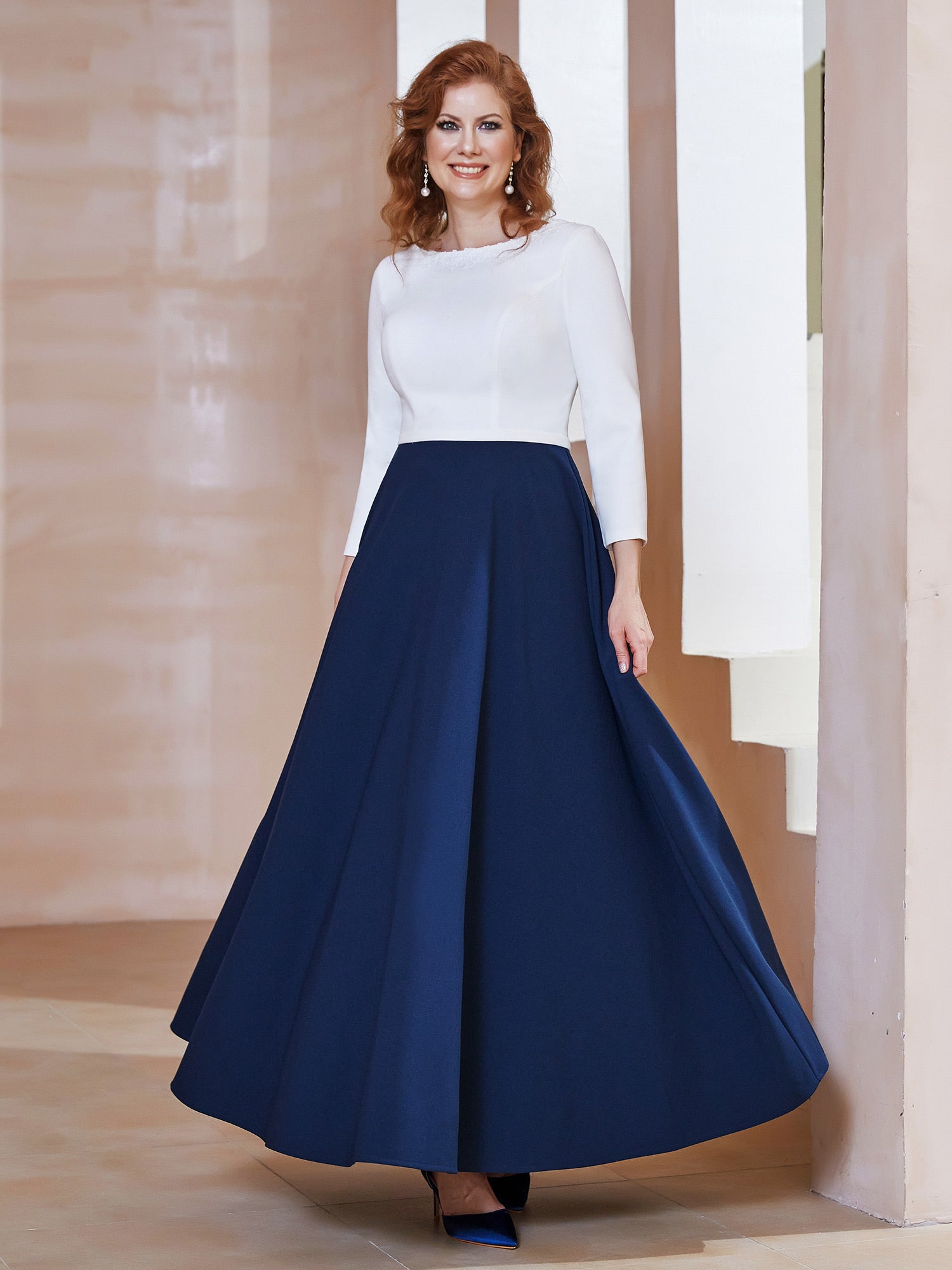 oscar de la renta a line dress BABARONI Stretch Crepe Dark Navy Mother of the Bride Dresses A-line Scoop  Long Sleeve Lace Trim Tea-length