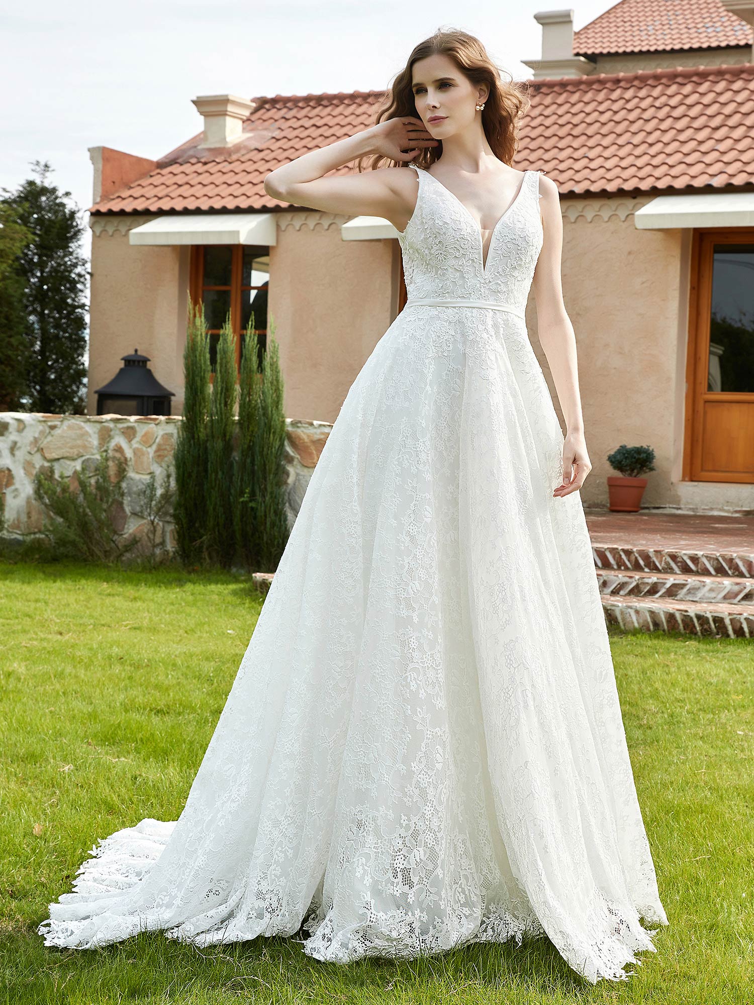 a line wedding dress with plunging v neck BABARONI Plunging V-Neck Lace Sweep Train Bridal Gown Ivory, Ivory / US0