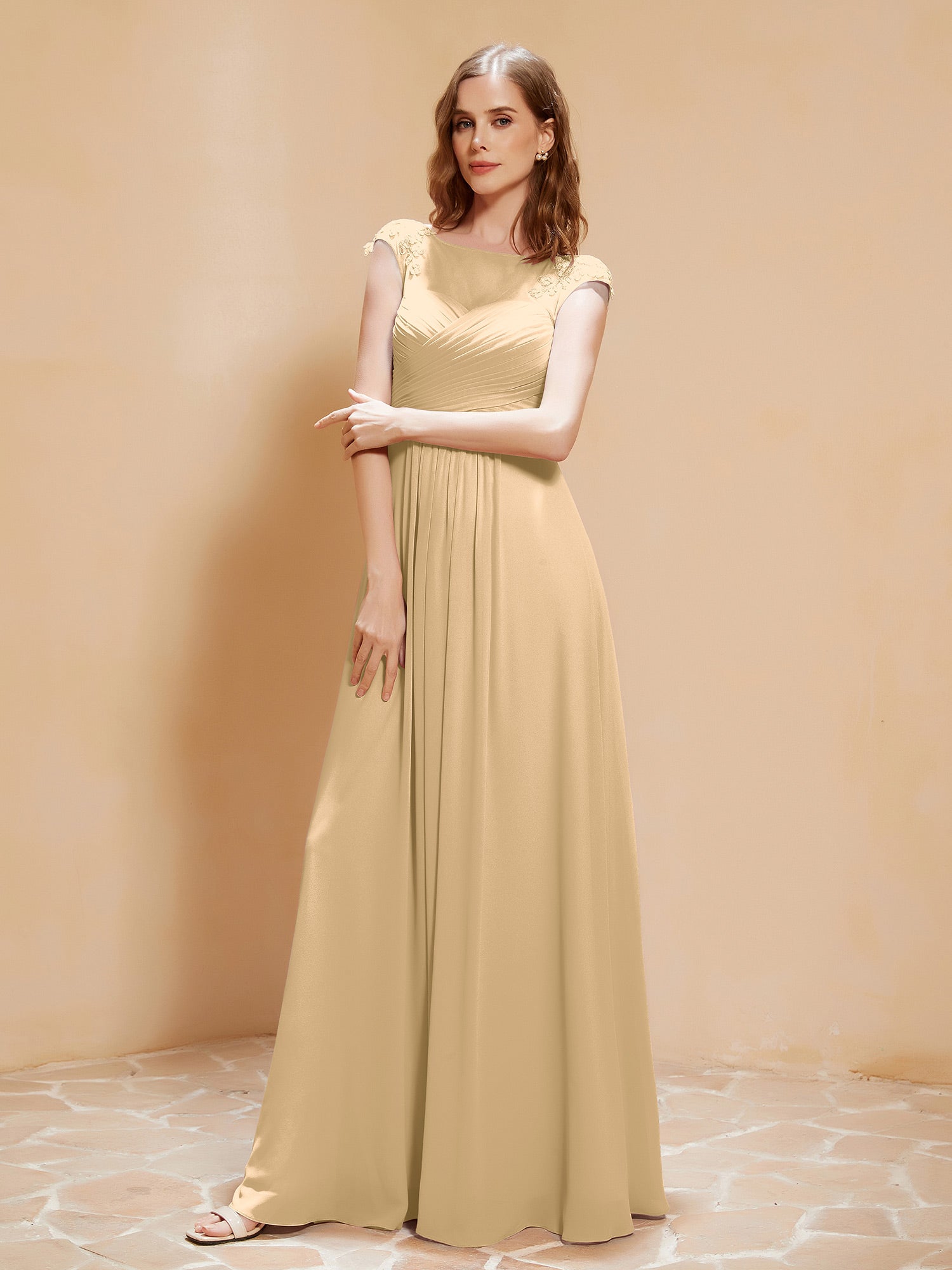 BABARONI Chiffon Champagne Bridesmaid Dresses Illusion Floor-length Cap