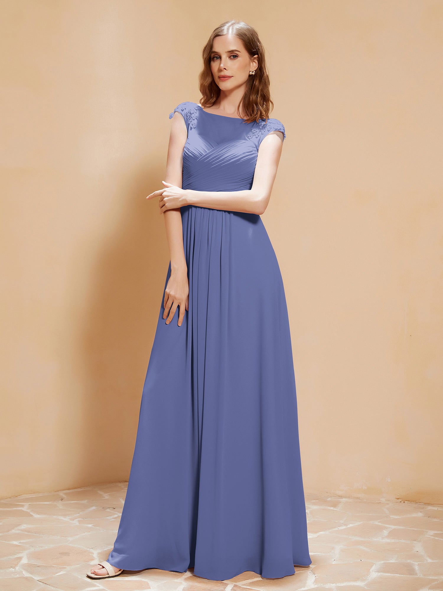 Long Lace Cap Sleeves Chiffon Gown with V Neck Peach Plus Size main image 0