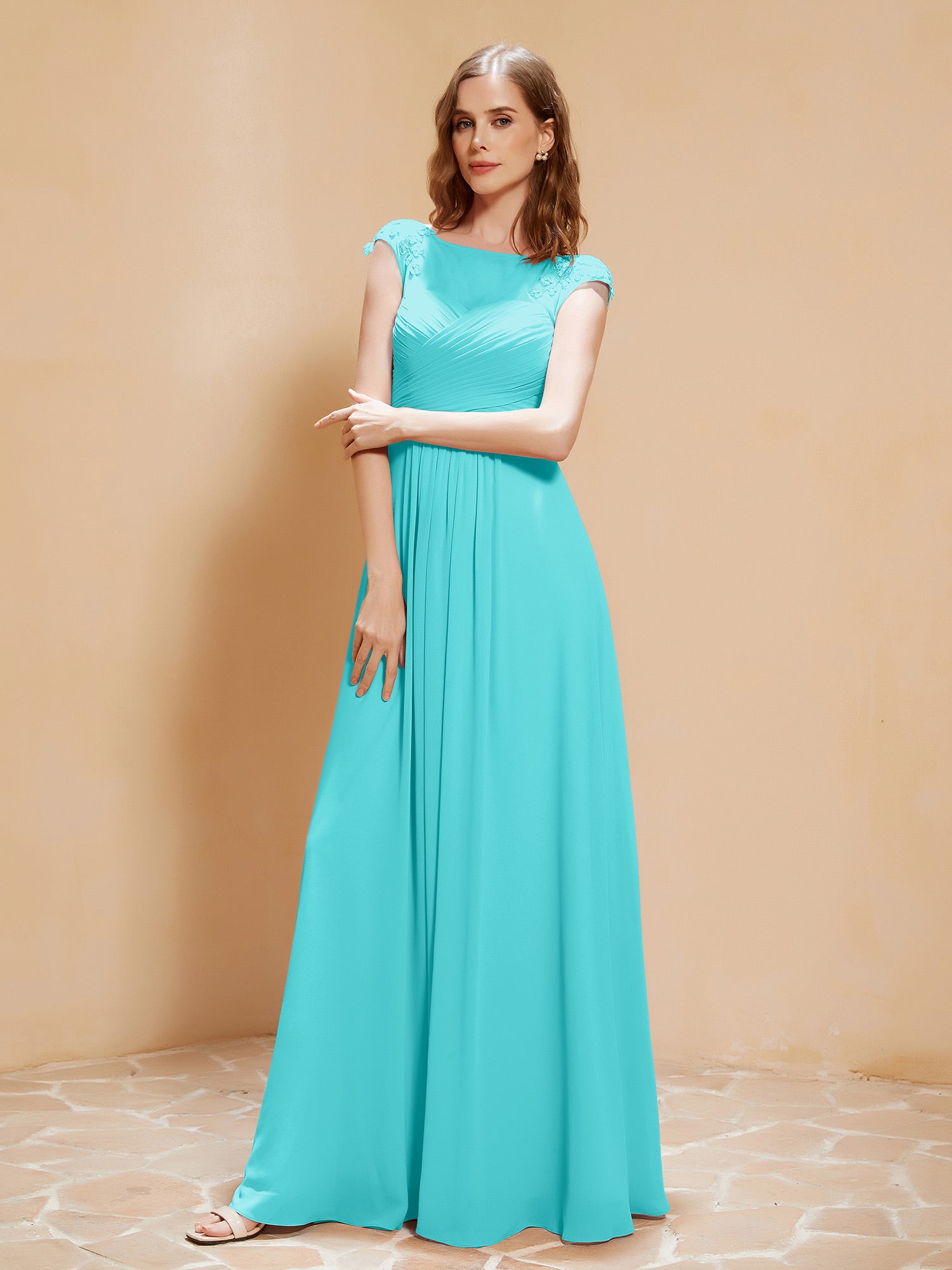 Illusion Neckline Half Sleeve Chiffon Dress Ocean Blue Plus Size main image 0