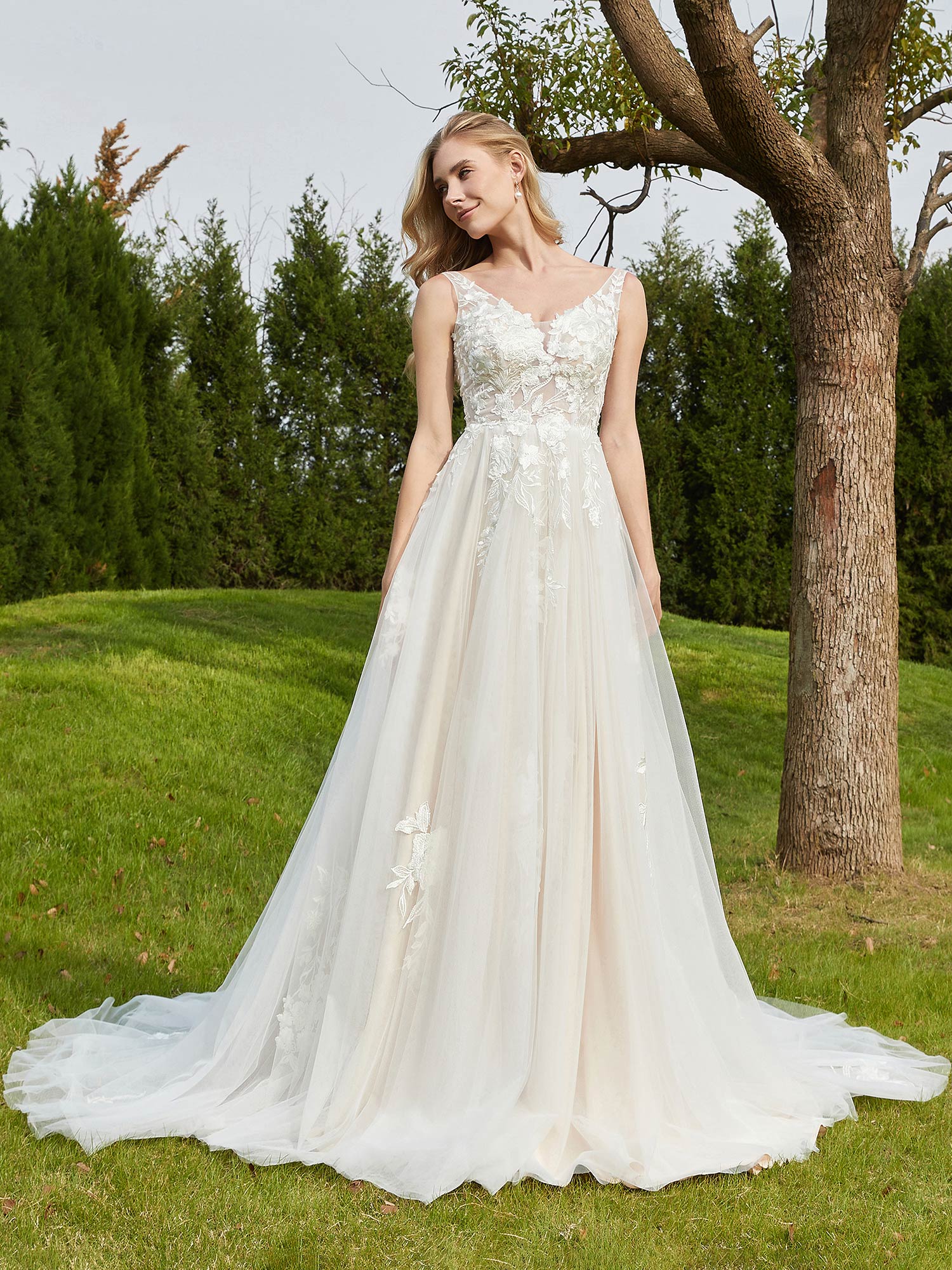 BABARONI Tulle Ivory/Champagne Wedding Dresses A-line V-neck Ruched Appliqued Chapel Train Backless, Ivory/Champagne / US0