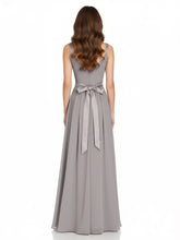 V Neck Chiffon Bridesmaid Dress with Satin Sash Bow-Silver